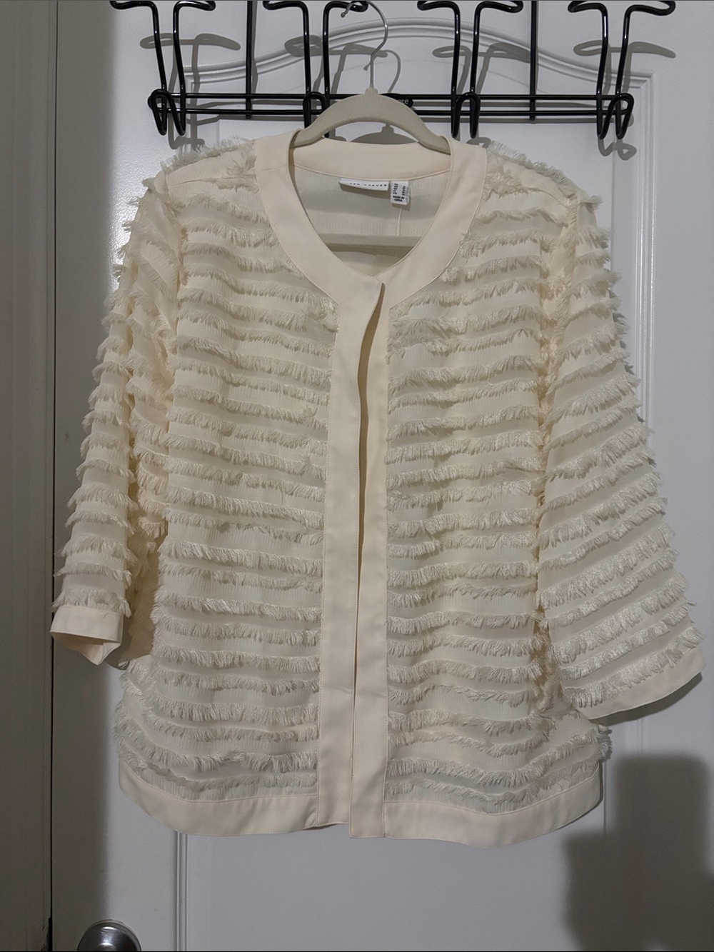 Susan Graver Cream Fringe-Textured Open Front Tunic